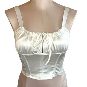Edikted Cream White Satin Corset Bustier Top Size Small Boned Back Zip Cropped